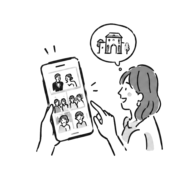 スマートフォンでイベント写真を振り返るゲストのイラスト
