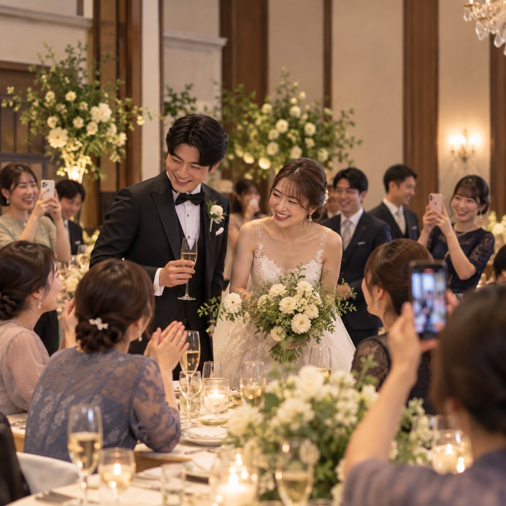 披露宴でゲストに囲まれる新郎新婦のイメージ